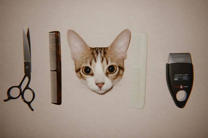 Scissors, comb, brush and clippers laid out in a row
